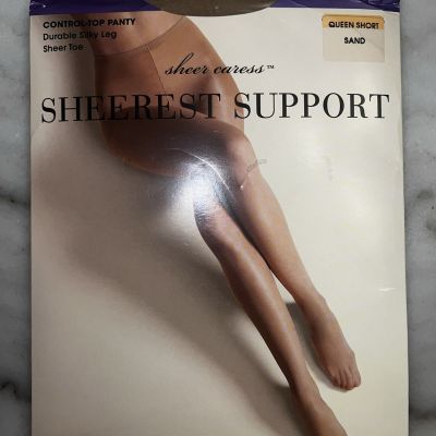 Sheer Caress Sheerest Support Pantyhose Queen Short Sand Control Top Silky Nylon